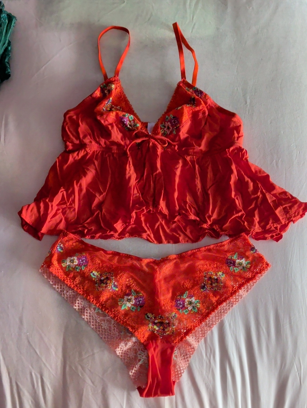 Savage X Fenty Bright Orange Floral-Embroidered Camisole & Bikini Set